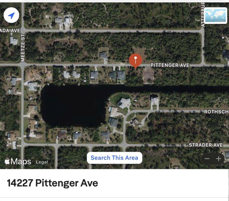 This is a map view showing a residential property located on a lake — 14227 PITTENGER AVENUE, PORT CHARLOTTE, FL