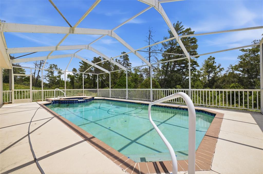 A rectangular swimming pool with an attached spa is enclosed by a white screen cage — 2384 LEMA DRIVE, SPRING HILL, FL
