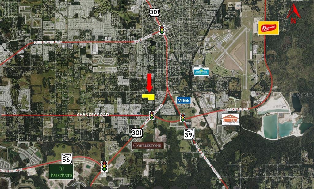This is an aerial map showing a highlighted property location near major roads and landmarks — 3902 AUTUMN PALM DRIVE, ZEPHYRHILLS, FL