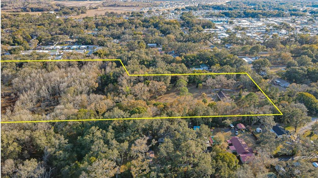 An aerial view shows a large, wooded parcel of land outlined in yellow — 3902 AUTUMN PALM DRIVE, ZEPHYRHILLS, FL