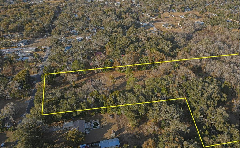 An aerial view shows a large, wooded plot of land outlined in yellow — 3902 AUTUMN PALM DRIVE, ZEPHYRHILLS, FL