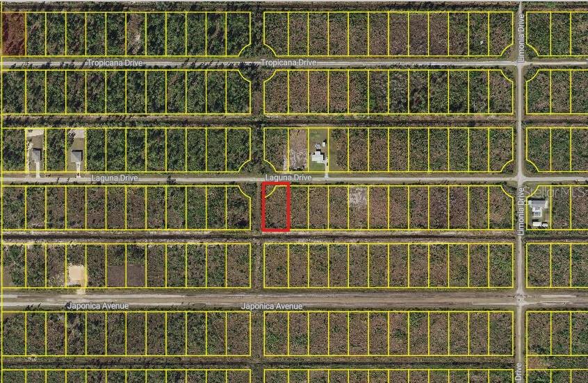 This is an aerial map showing a vacant rectangular lot outlined in red — 0 LAGUNA DRIVE, INDIAN LAKE ESTATES, FL
