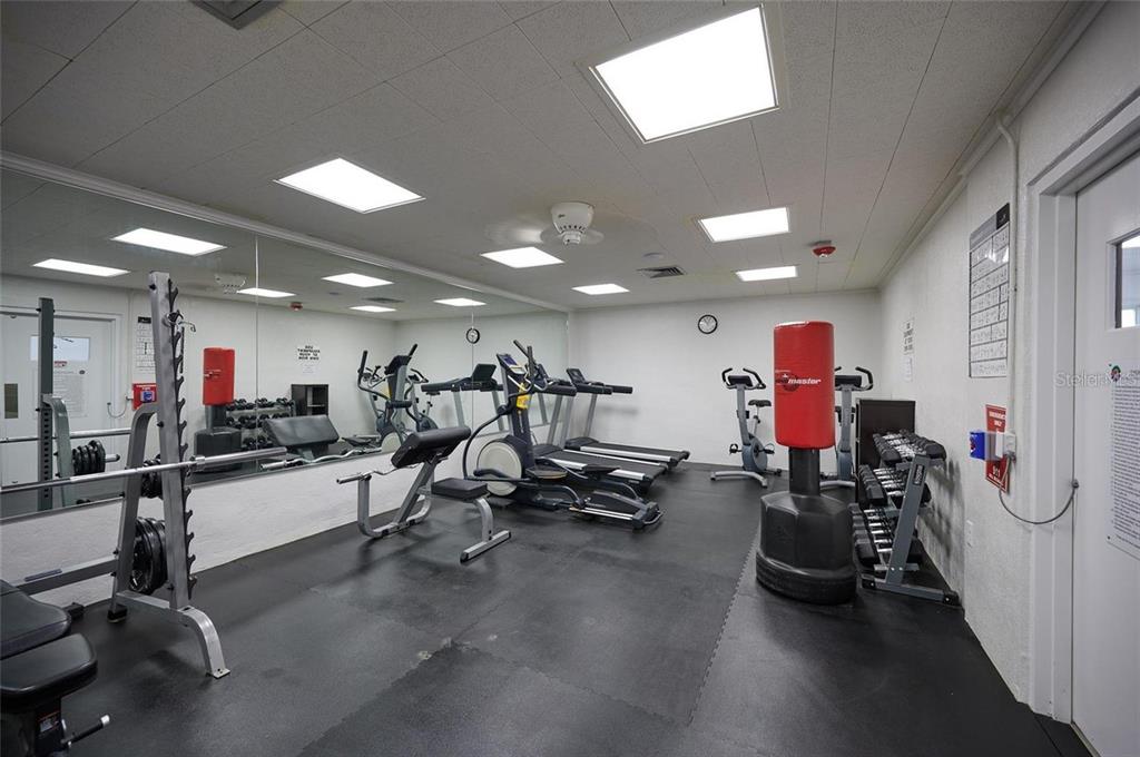 A gym room features a mirrored wall, rubber flooring, treadmills, a punching bag, and weights — 0 LAGUNA DRIVE, INDIAN LAKE ESTATES, FL