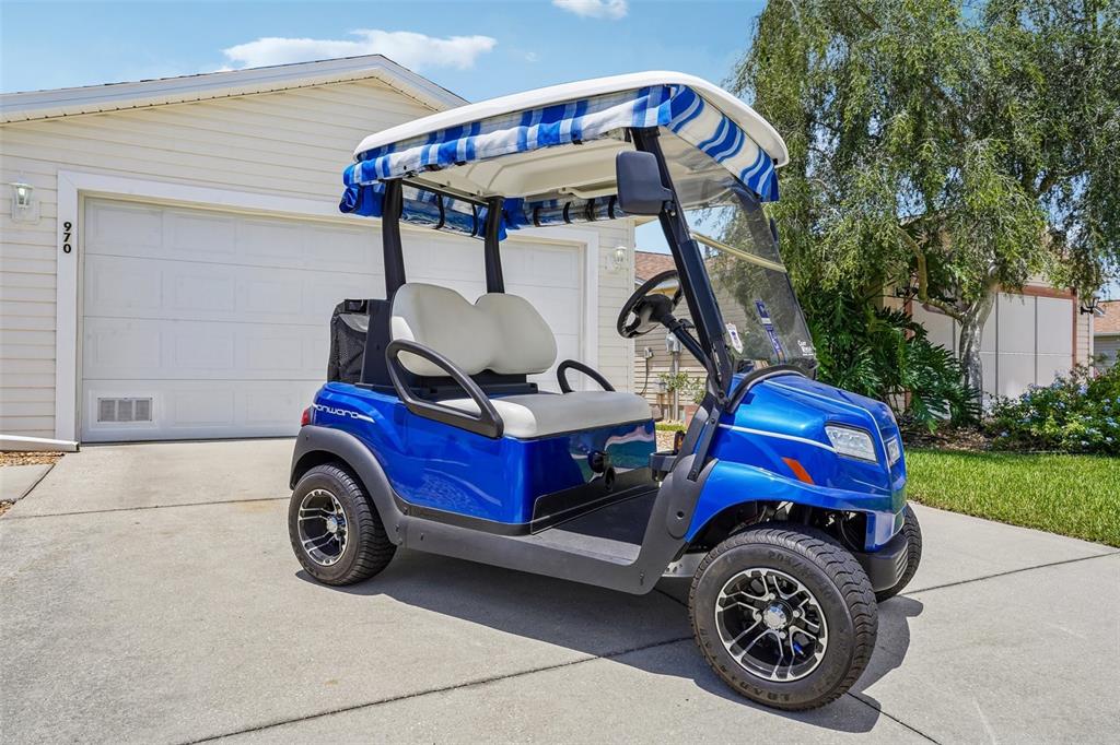 A blue golf cart with a plaid canopy is parked on a concrete driveway — 970 KENOVA AVENUE, THE VILLAGES, FL
