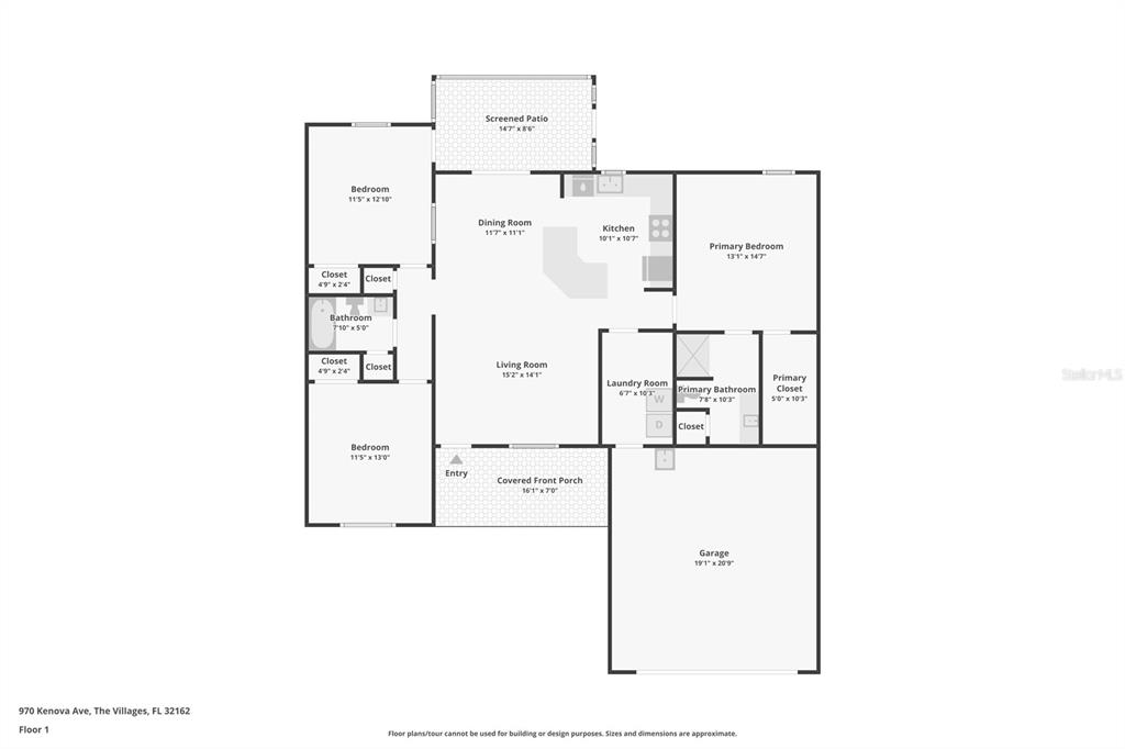 This floor plan shows a single-story home with three bedrooms, two bathrooms, and a garage — 970 KENOVA AVENUE, THE VILLAGES, FL