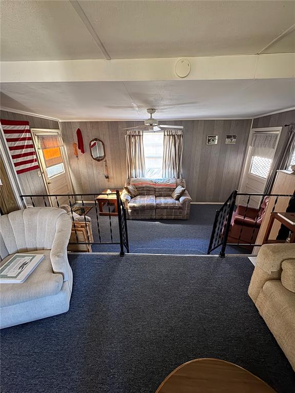 A sunken living room features gray wood-paneled walls, blue carpeting, and a ceiling fan — 6720 PARK BOULEVARD N UNIT 37, PINELLAS PARK, FL