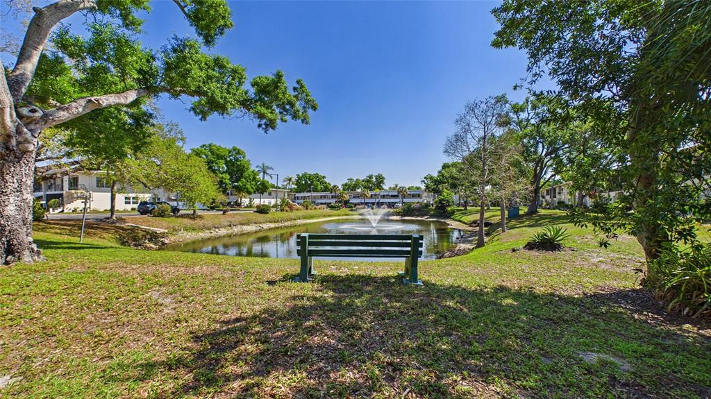 A green bench sits on a grassy lawn overlooking a pond with a water fountain — 5664 40TH TERRACE N UNIT 428, ST PETERSBURG, FL