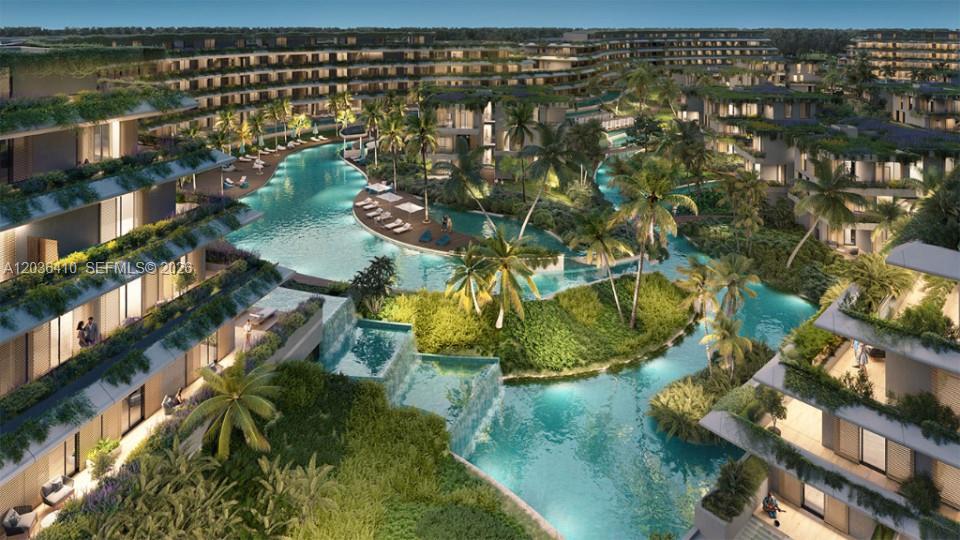 This architectural rendering shows a luxury resort complex featuring tiered buildings and a central lagoon — 0 Bàvaro # 0, FL, FL