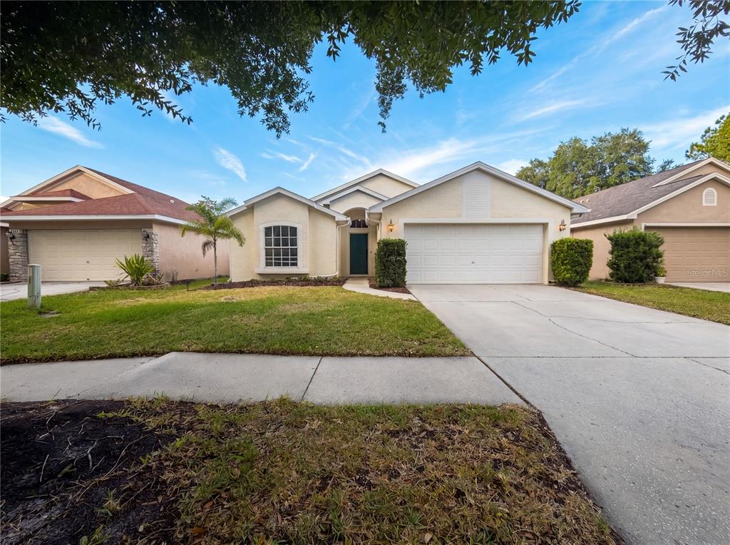 A single-story house with a beige stucco exterior, a two-car garage, and a front lawn — 4532 PERDITA LANE, LUTZ, FL