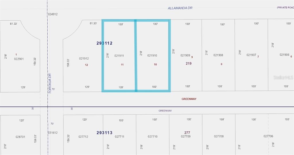 This is a property map showing two adjacent rectangular lots highlighted in blue — 819 & 821 ALLAMANDA DRIVE, INDIAN LAKE ESTATES, FL