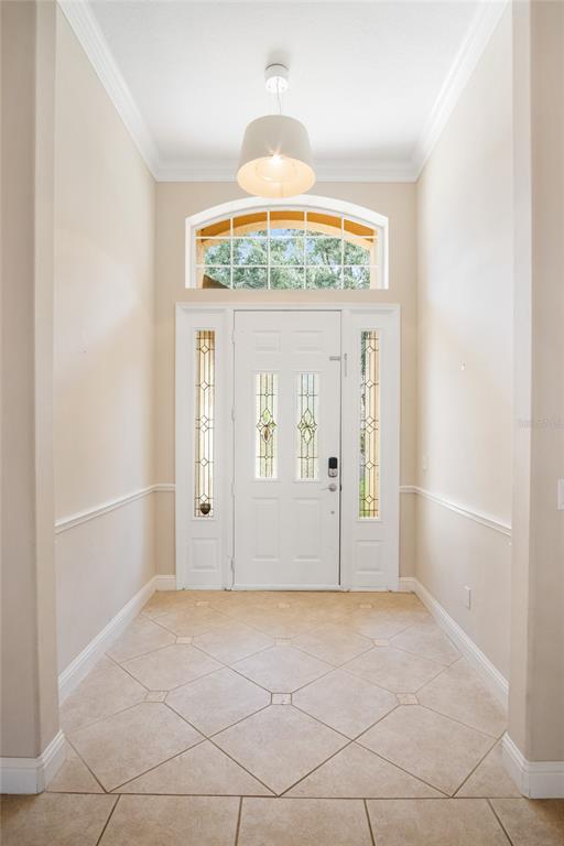 An entryway features a white front door with sidelights, a transom window, and tile flooring — 10734 WOODCHASE CIRCLE, ORLANDO, FL