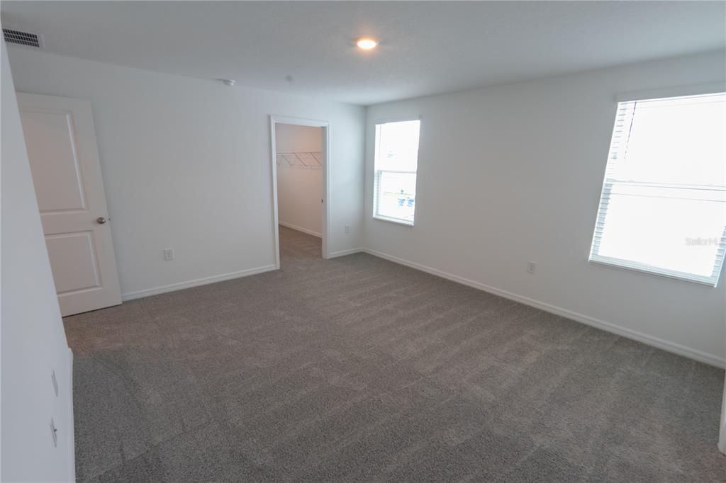 An empty bedroom features gray carpeting, white walls, two windows, and a walk-in closet — 4409 SAND DOLLAR WAY, ZEPHYRHILLS, FL
