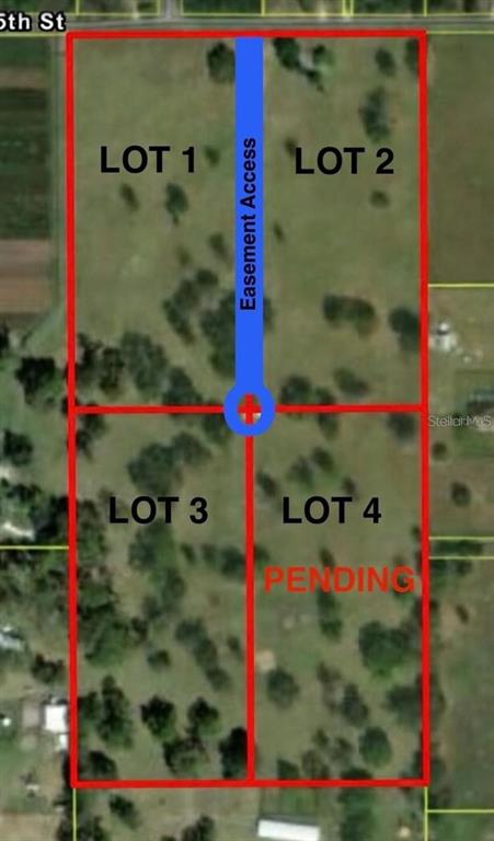 This map shows four land lots with a central easement access road — TBD SE 115TH STREET, BELLEVIEW, FL