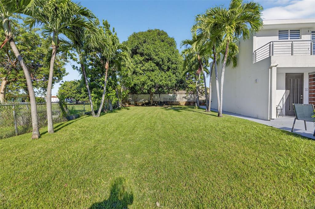 A grassy backyard features palm trees, a chain-link fence, and the side of a building — D-1-20 CALLE CAMBIJA, RINCON, PR