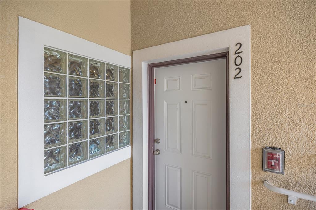 A white door labeled 202 sits next to a glass block window on a textured wall — 1231 GODAVARI WAY E UNIT 202, WESLEY CHAPEL, FL
