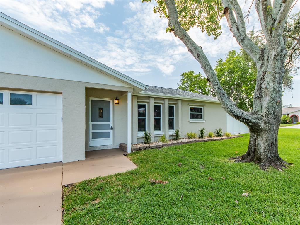 A single-story house with a white garage door, a front entrance, and a large tree — 11883 108TH AVENUE, LARGO, FL