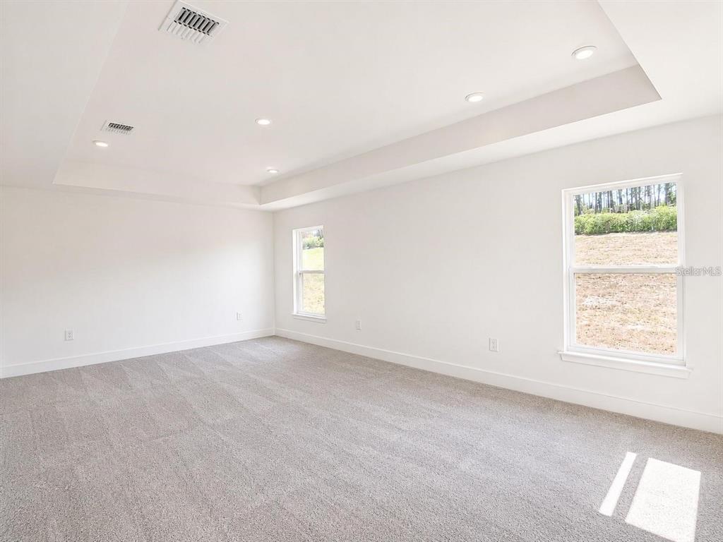 An empty room features white walls, gray carpeting, a tray ceiling, and two windows — 1671 ANN ROSE WAY, LEESBURG, FL
