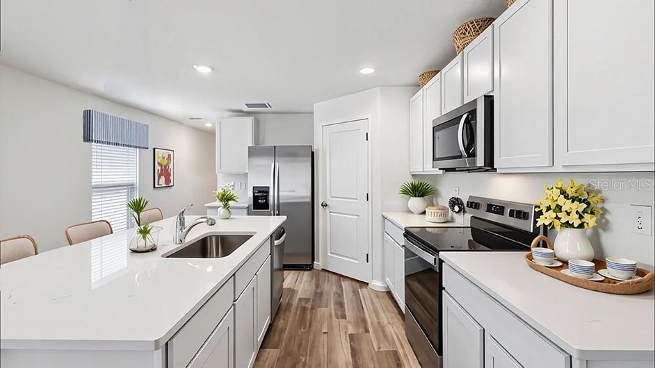 A modern kitchen features white cabinets, quartz countertops, stainless steel appliances, and wood-look flooring — 24381 NW 10TH ROAD, NEWBERRY, FL