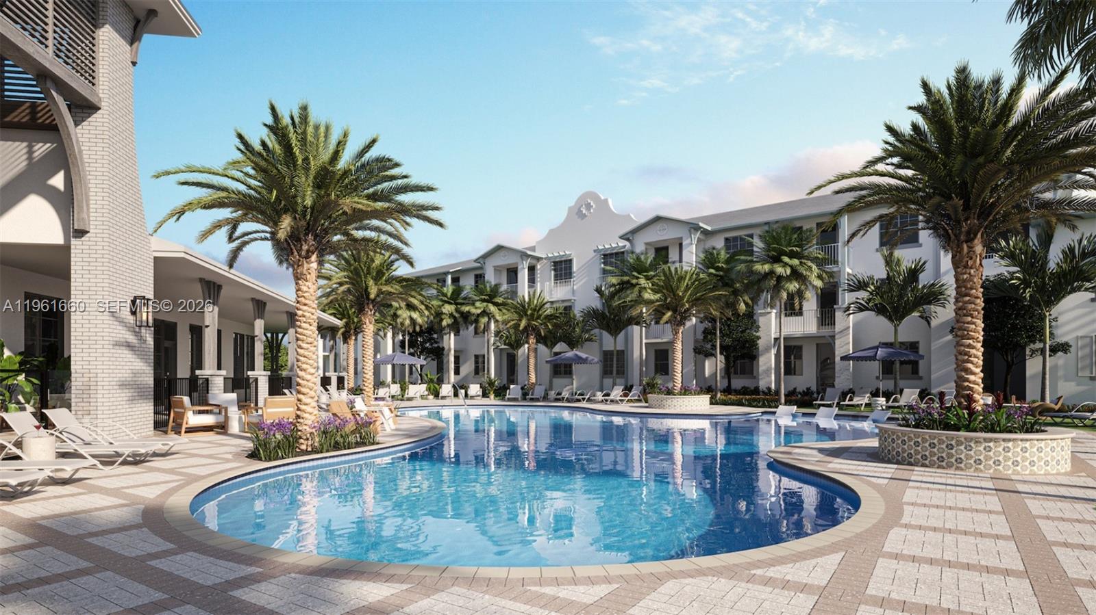 This architectural rendering shows a swimming pool surrounded by palm trees and a multi-story building — 4310 Chukka Ln # A1, Lake Worth FL 33467, LAKE WORTH, FL