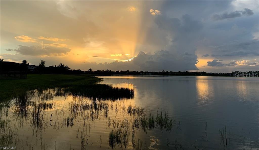 A view of a lake at sunset with grassy vegetation in the foreground — 16279 BONITA LANDING CIRCLE, BONITA SPRINGS, FL