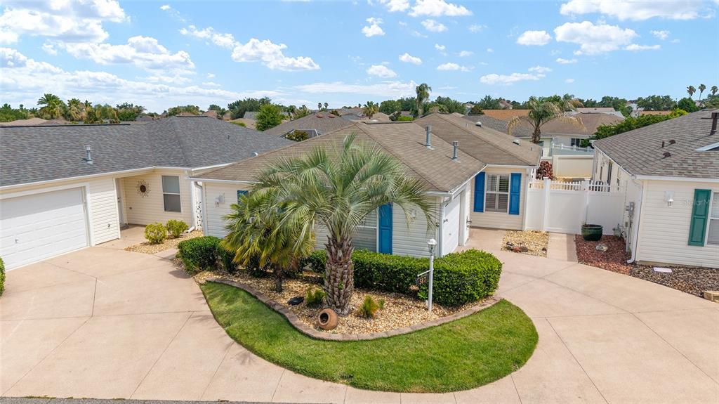 An exterior view of a single-story house with a palm tree and a concrete driveway — 587 AUDREY LANE, THE VILLAGES, FL