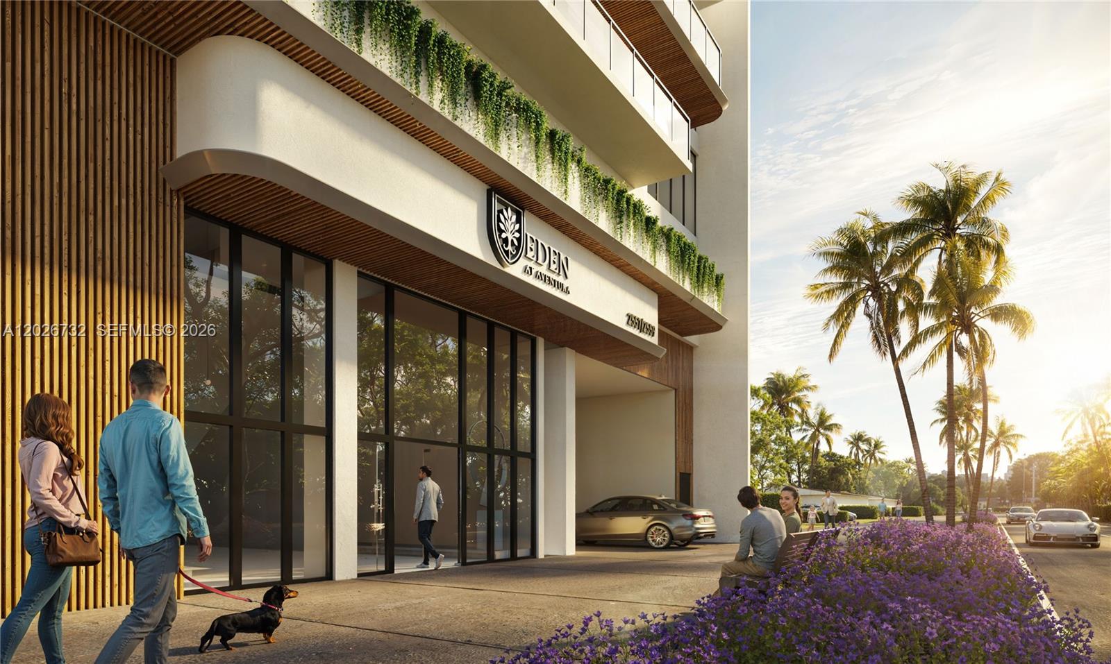 This architectural rendering shows the exterior entrance of a modern building with landscaping and pedestrians — 2557 NE 190th St # 406, Miami FL 33180, MIAMI, FL