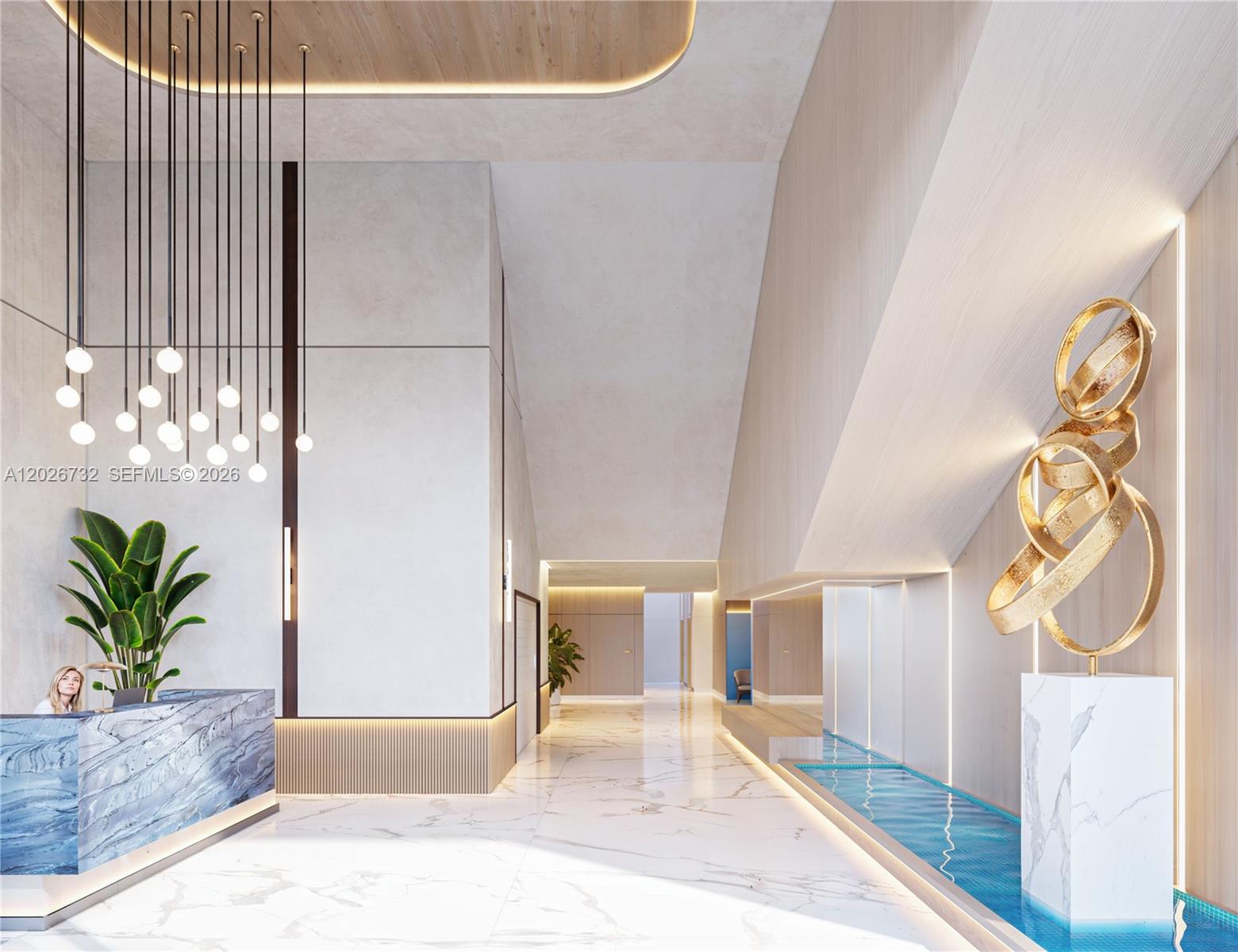 This is a rendering of a modern lobby with a marble desk, water feature, and sculpture — 2557 NE 190th St # 406, Miami FL 33180, MIAMI, FL