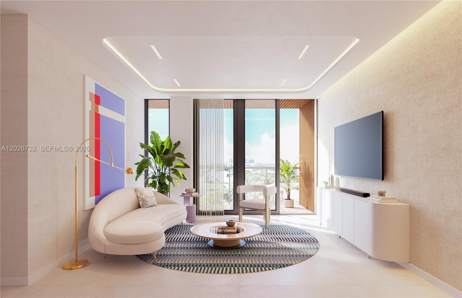 This rendering shows a modern living room with a curved sofa, circular rug, and balcony — 2557 NE 190th St # 406, Miami FL 33180, MIAMI, FL