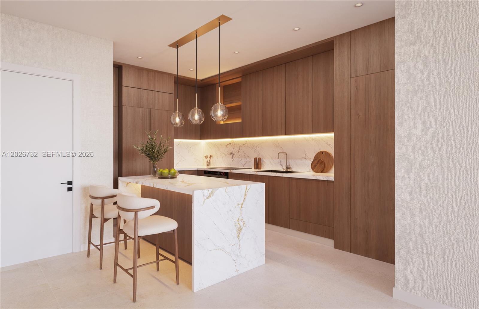 This rendering shows a modern kitchen with wood cabinetry, marble countertops, and a breakfast island — 2557 NE 190th St # 406, Miami FL 33180, MIAMI, FL