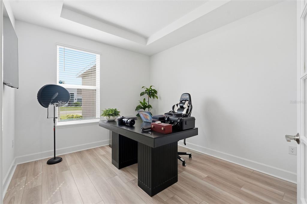 A home office features light wood-look flooring, white walls, a tray ceiling, and a black desk — 3321 LUMBER FALLS DRIVE, PLANT CITY, FL