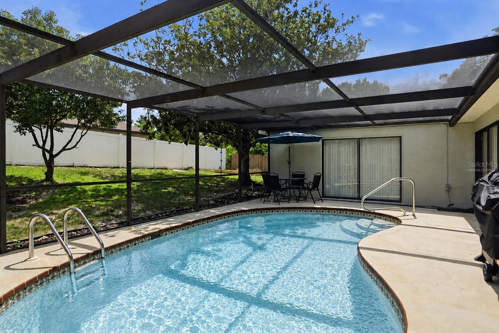A screened-in swimming pool with a patio and outdoor dining area in a backyard — 13032 LOLA DRIVE, SPRING HILL, FL