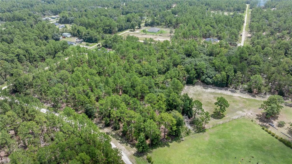 An aerial view shows a large, wooded lot adjacent to a cleared grassy field — TBD SW 128TH TERRACE, OCALA, FL