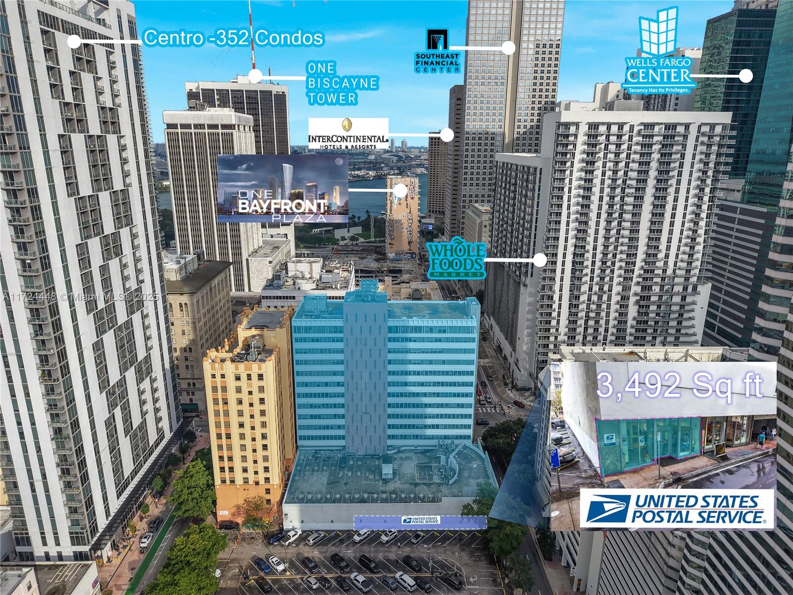 An aerial view shows a city block with a highlighted building and nearby landmarks — 150 SE 2nd Ave # 103, Miami FL 33131, MIAMI, FL