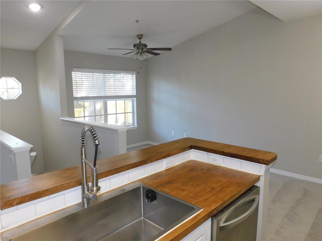 A kitchen sink with a wooden countertop overlooks a living area with a ceiling fan — 844 GRAND REGENCY POINT UNIT 203, ALTAMONTE SPRINGS, FL