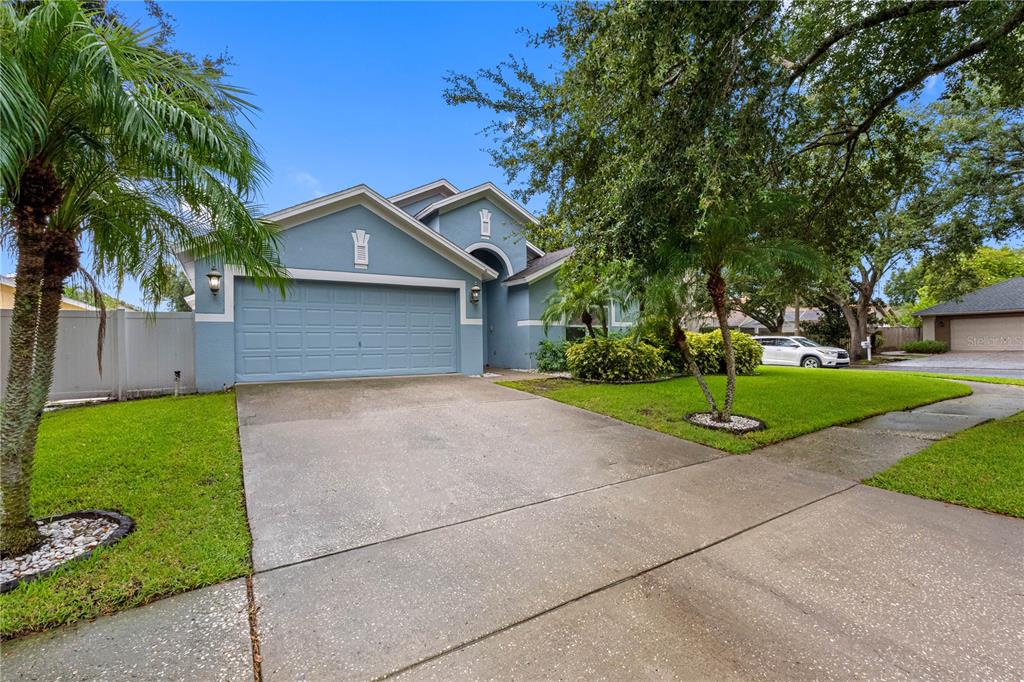 A blue single-story house with a two-car garage and a concrete driveway — 3306 PIN OAK LANE, TAMPA, FL