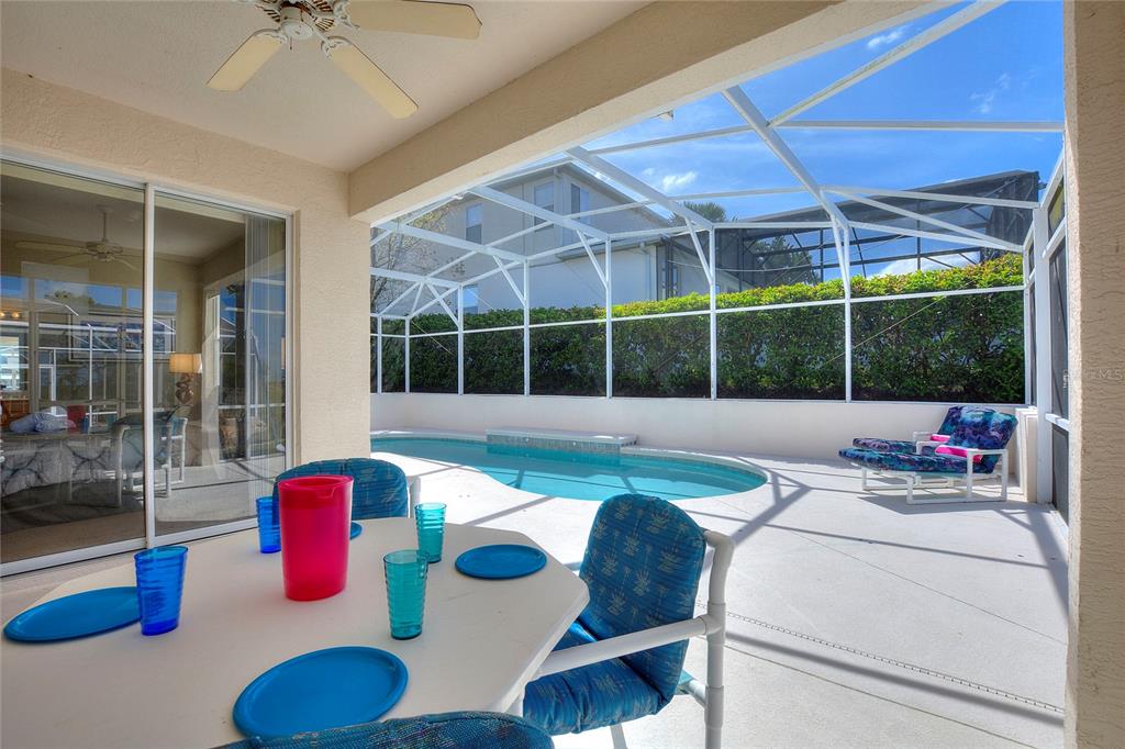 A covered patio features a swimming pool enclosed by a screen cage and outdoor furniture — 556 BONVILLE DRIVE, DAVENPORT, FL