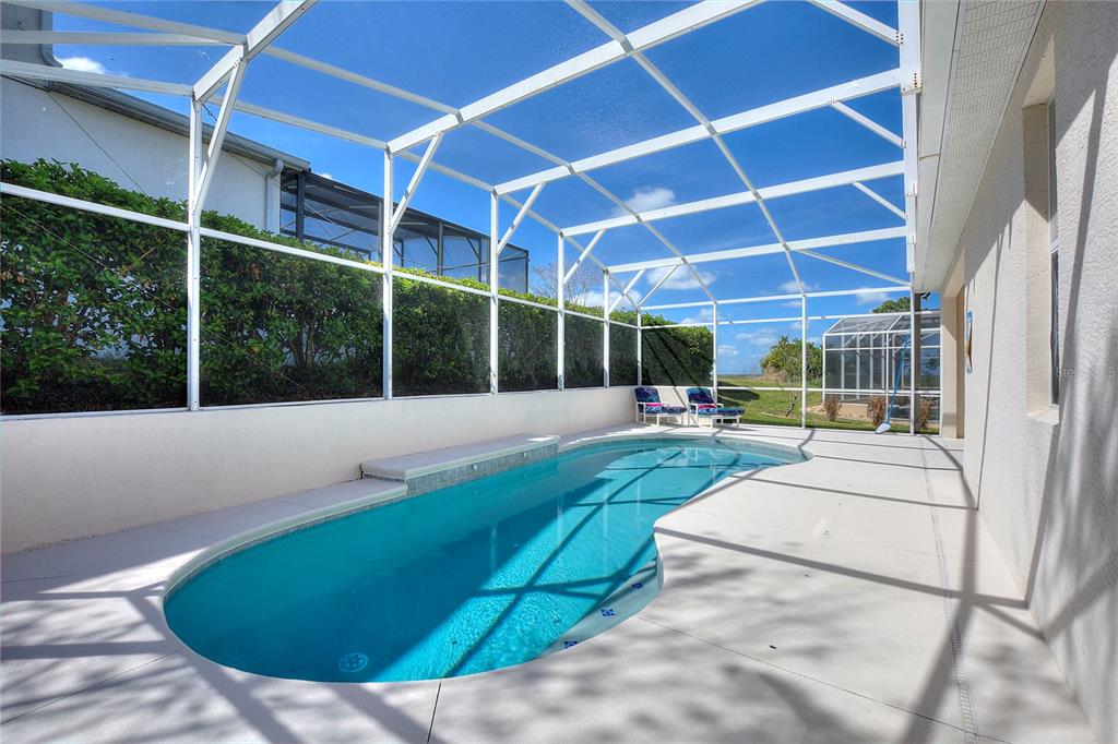 A swimming pool sits inside a screened-in lanai with a concrete deck and hedge backdrop — 556 BONVILLE DRIVE, DAVENPORT, FL