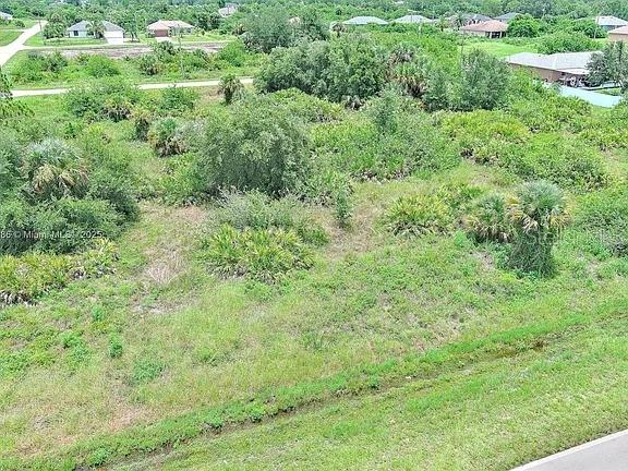 An aerial view shows a vacant, overgrown lot with scattered trees and shrubs — 841 MILWAUKEE BOULEVARD, LEHIGH ACRES, FL