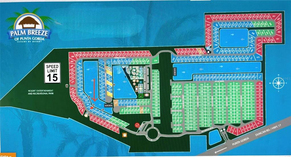 This is a site map of the Palm Breeze of Punta Gorda luxury RV resort — 259 HORIZON ROAD, PUNTA GORDA, FL