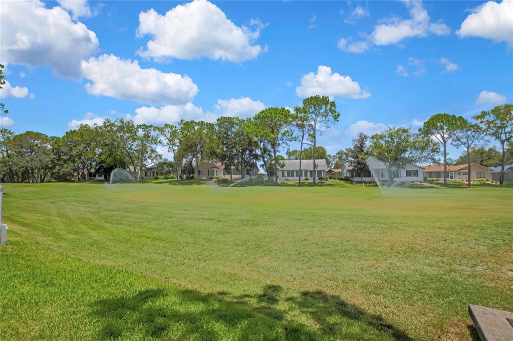 A single-story brick and stucco house features a covered entryway and a front lawn — 7103 CROWN OAKS DRIVE, SPRING HILL, FL