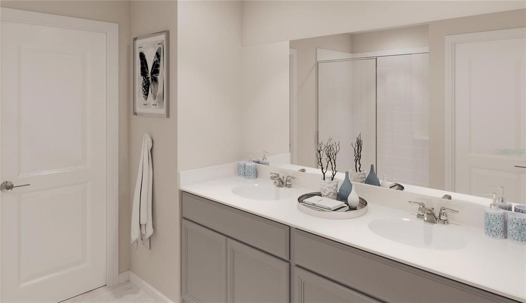This is a digital rendering of a bathroom with a double vanity and gray cabinets — 33609 SKY BLOSSOM CIRCLE, LEESBURG, FL