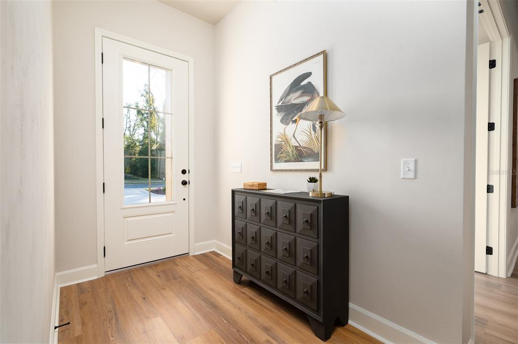 An entryway features a white front door, wood-look flooring, and a dark multi-drawer chest — 14098 SW 7TH PLACE, NEWBERRY, FL