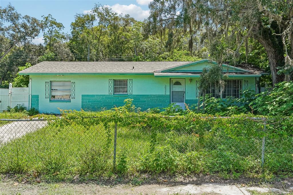 A single-story house with light green siding and a dark green brick base — 18748 ROSEPHIL ST, SPRING HILL, FL