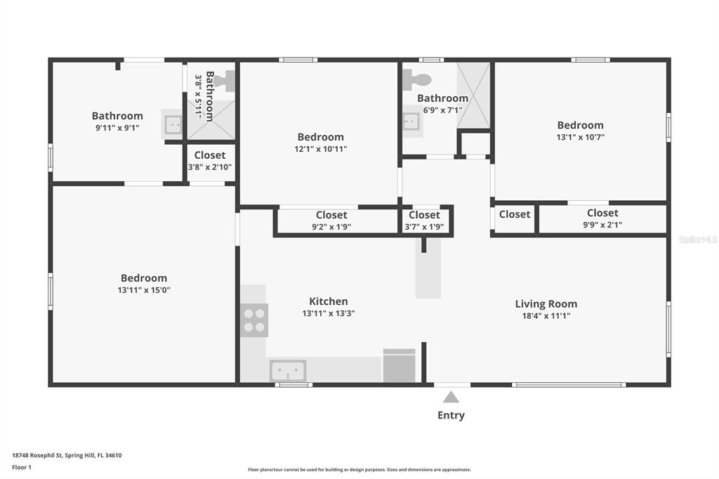 This is a floor plan showing a home with three bedrooms, two bathrooms, a kitchen, and a living room — 18748 ROSEPHIL ST, SPRING HILL, FL