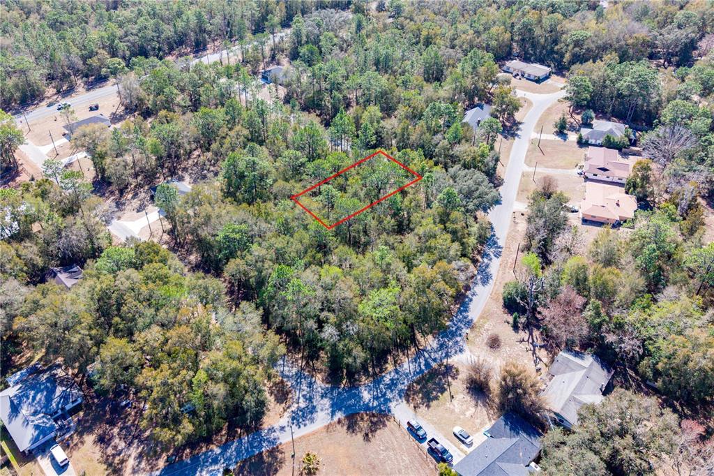 An aerial view shows a rectangular plot of land outlined in red amidst wooded surroundings — TBD NE 1ST PL, LOT 6, WILLISTON, FL