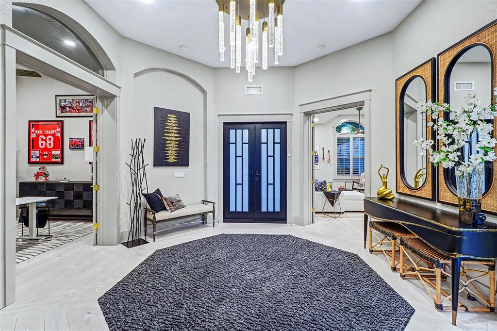 A bright foyer features a dark double door, a chandelier, and a large hexagonal rug — 4635 DOLPHIN CAY LANE S, ST PETERSBURG, FL