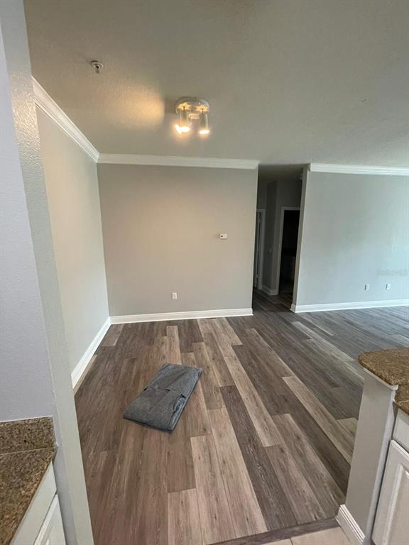 An open-concept living area features light gray walls, white crown molding, and wood-look flooring — 142 SOUTHERN PECAN CIRCLE UNIT 204, WINTER GARDEN, FL