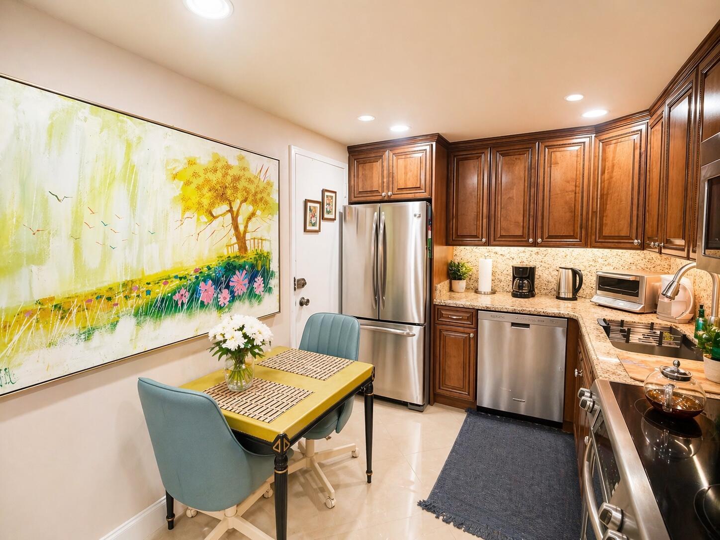 A kitchen features dark wood cabinets, stainless steel appliances, granite countertops, and a small dining area — 1985 S Ocean Drive, Hallandale Beach FL 33009, HALLANDALE BEACH, FL