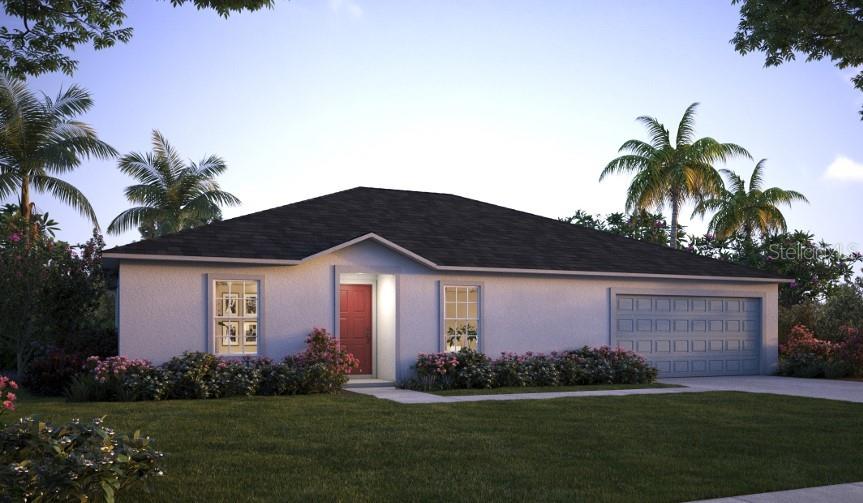 This is a digital rendering of a single-story house with a red front door — 2557 FLAGAMI LANE, NORTH PORT, FL