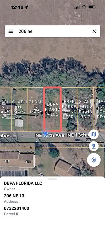 This is a satellite map view showing a vacant residential lot highlighted in red — 206 NE 13TH AVENUE, CHIEFLAND, FL